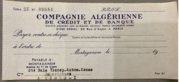 Chèque De Banque De La Compagnie Algérienne De Crédit Et De Banque - Cheques & Traverler's Cheques