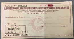 Cheque Banque Populaire Commerciale Et Industrielle De L'oranie 1956 - Schecks  Und Reiseschecks