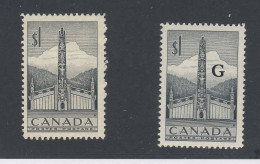 2x Canada MH Stamps #321 -$1.00 Totem & #032 -$1.00 Totem "G" GV = $17.00 - Opdrukken