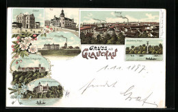 Lithographie Glauchau, Schlachtviehhof, Schloss Hinterglauchau, Bahnhof  - Glauchau