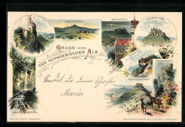 Lithographie Lichtenstein, Burg Lichtenstein, Hohenstaufen, Uracher Wasserfall  - Bad Urach