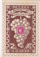 EXPOSITION DE PROPAGANDE PHILATELIQUE De BEZIERS 16-26 Juin 1938 ,,2 Cartes ,tirage 1000 Exemplaires - Gedenkstempel