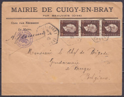 L. "Mairie De Cuigy-en-Bray" Affr. Bande Verticale 3x N°692 Càd Perlé Hexagon. "BAUVAIS (OISE) /10-4-1945/ C.P. N°31" Po - 1944-45 Maríanne De Dulac