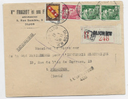 FRANCE GANDON 5FR VERTX2 +3FR+50C BLASON LETTRE REC DIJON RP 1.3.1947 1ER JOUR DU TARIF POUR BESANCON RETOUR 456 - 1945-54 Marianne Of Gandon