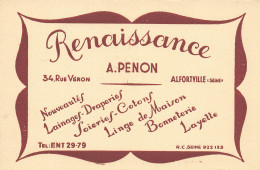 Alfortville * Renaissance A. PENON 34 Rue Véron Nouveautés Lainages Draperies Bonneteire * Carte De Visite Ancienne - Alfortville