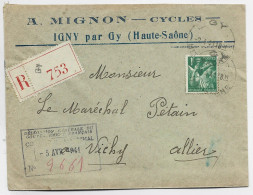 FRANCE IRIS 1FR VERT SEUL LETTRE REC ENTETE MIGNON CYCLES IGNY HAUTE SAONE 1941 POUR MARECHAL PETAIN A VICHY + GRIFFE - 1939-44 Iris