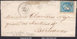 FRANCE N°46B SUR LETTRE AVEC GC 4136 VERDELAIS GIRONDE + CAD DU 24/08/1871 - 1870 Bordeaux Printing