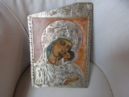 Superbe Icône De La Vierge De La Tendresse Avec Plaque Argentée - Arte Religiosa