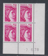 France N° 1978 Type Sabine : 2 F. 10 Rose Carminé En Bloc De 4 Coin Daté  Du 2 . 6 . 78 ; Sans Trait, Sans Cha., TB - 1977-1981 Sabina Di Gandon