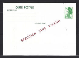 FRANCE ANNEE 1987 ENTIER Y&T N°2484 CP1 - 2 F. Vert Liberté - SURCHAGE " SPECIMEN SANS VALEUR" NEUF.TB - Specimen