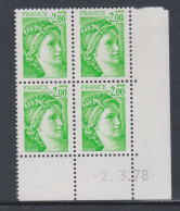 France N° 1977 Type Sabine : 2 F. Vert-jaune En Bloc De 4 Coin Daté  Du 2 . 3 . 78 ;  Sans Trait, Sans Cha., TB - 1977-1981 Sabine Of Gandon