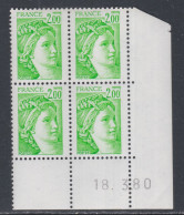 France N° 1977 Type Sabine : 2 F. Vert-jaune En Bloc De 4 Coin Daté  Du 18 . 3 . 80 ;  Sans Trait, Sans Cha., TB - 1977-1981 Sabina Di Gandon