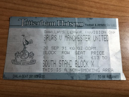 Ticket Football Match Tottenham Hotspur Vs Manchester United 28/09/1991 Barclays League - Match Tickets