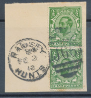 GB GV ½d Green Wmk Crown Die B Superb Used Pair On Piece With Duplex Postmark „RAMSEY / HUNTS. / J66“, Huntingdonshire, - Usati