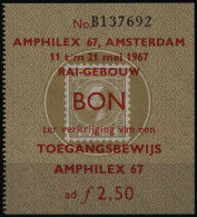 Niederlande Ticket Eintrittskarte Amphilex Briefmarkenausstellung 11-21.5.1967 - Lettres & Documents
