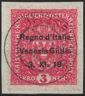 TRVG16UFR - 1918 Terre Redente - Venezia Giulia, Sassone Nr. 16, Francobollo Usato Su Frammento °/ FIRMATO - Trentin