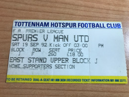 Ticket Football Match Tottenham Hotspur Vs Manchester United 19/09/1992 Premier League - Eintrittskarten