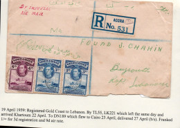 GOLD COAST -  1939 - IMPERIAL AIRWAYS REG COVER TO BYROUGH,LEBANON WITH BACKSTAMP - Gold Coast (...-1957)