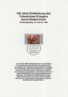 Germany Deutschland 1982 ETB ERSTTAGSBLATT "Robert Koch" Physician, Microbiologist, First Day Sheet, Bonn - 1981-1990