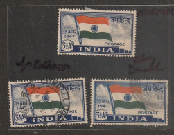 India ;Indian National Flag.  3 Stamps  ERRORS  1 WATERMARK INVRTETED (USED, FULL CANCELATION ) 2. SMUGED PRINT - Variétés Et Curiosités