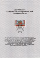 Germany Deutschland 1983 First Day Sheet Über 450 Jahre Deutsches Reinheitsgebot Für Bier, Beer, Canceled In Bonn - 1981-1990