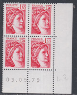 France N°2059  Type Sabine : 1 F. 30  Rouge En Bloc De 4 Coin Daté  Du 03 . 09 . 79 ;  Sans Trait, Sans Charnière TB - 1970-1979