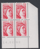 France N°2059  Type Sabine : 1 F. 30  Rouge En Bloc De 4 Coin Daté  Du 14 . 02 . 80 ;  Sans Trait, Sans Charnière TB - 1970-1979