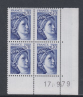 France N°2059  Type Sabine : 70 C  Bleu-vioolet En Bloc De 4 Coin Daté  Du  17 . 9 . 79 ;  Sans Trait, Sans Charnière TB - 1970-1979