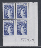 France N°2056  Type Sabine : 70 C  Bleu-vioolet En Bloc De 4 Coin Daté  Du  17 . 9 . 79 ;  2 Traits, Sans Charnière TB - 1970-1979