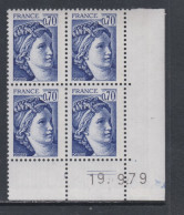 France N°2056  Type Sabine : 70 C  Bleu-vioolet En Bloc De 4 Coin Daté  Du  19 . 9 . 79 ;  2 Traits, Sans Charnière TB - 1970-1979