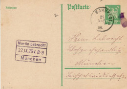 GERMANY WEIMAR REPUBLIC 1926 POSTCARD  MiNr P 162 SENT TO MUENCHEN /BAHNPOST/ - Tarjetas