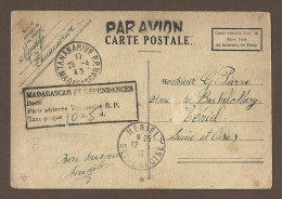 !!! MADAGASCAR, CARTE POSTALE PAR AVION DE TANANARIVE POUR MÉRIEL DE 1945, CACHETS DE DÉPART ET D'ARRIVÉE - Posta Aerea