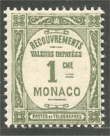 630 Monaco 1924 Yv 13 Taxe Postage Due 1c Olive MH * Neuf Très Légère (MON-345a) - Strafport