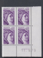 France N°2060  Type Sabine : 1 F. 60  Violet En Bloc De 4 Coin Daté  Du  11 . 09 . 79 ; 2 Traits, Sans Charnière TB - 1970-1979