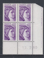 France N°2060  Type Sabine : 1 F. 60  Violet En Bloc De 4 Coin Daté  Du  12 . 2 . 80 ; Sans Trait, Sans Charnière TB - 1970-1979