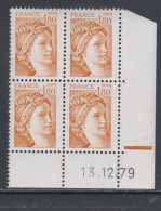 France N°2061  Type Sabine : 1 F. 80  Ocre Orang En Bloc De 4 Coin Daté  Du  13 . 1 . 79 ; 1 Barre, Sans Charnière TB - 1970-1979