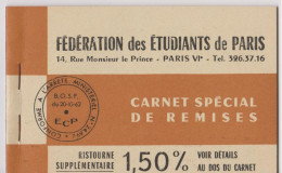 CARNET SPECIAL DE REMISES . 1962  FEDERATION DES ETUDIANTS DE PARIS . - Chèques & Chèques De Voyage