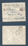 LIBIA. 1915 (28 June) Italian Administration. WW1 Tripoli #1# Porto - Switzerland, Zurich (5 July) Registered Single 50c - Libyen