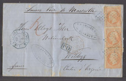 LEBANON. 1868 (2 Jan). French Post Office. Beyrouth - Switzerland (17 Jan). EL Fkd French 40c Orange Ver Strip Of Three, - Liban