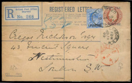 LEBANON. 1909 (19 Jan). British Post Office. Beyrouth - UK. Reg Ovptd 1 Piaster Stat Env + 1p Adtl + R-label. Proper Tra - Liban