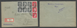 LATVIA. 1944 (30 Sept) Nazi Occup. Riga - Germany, Dummer, Uber Schwerin Meckl. Registered Hitler Ovptd Multifkd Env. VF - Lettonia