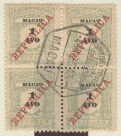 MACAU. 1911. Choi P-13 (x4). Porteado 1 Avo Lisbon Ovptd Nice Block Of Four Cancelled 4-III-35. Pointinhado Paper Variet - Autres & Non Classés