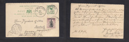 MALAYSIA. 1899 (22 Apr) Labuan - Rostock, Germany (20 May 99) 3c Green Doble Reply Stat Card, Half Way Out + 1c Adtl, Ti - Malaysia (1964-...)