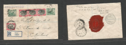 MALAYSIA. 1916 (15 June) Klang - Switzerland, Chaux De Fonds. Registered Multifkd Envelope, At 18c Rate, Tied Cds + R-la - Malaysia (1964-...)