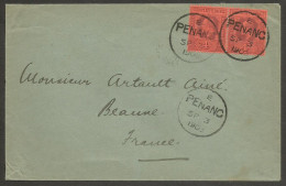 MALAYSIA. 1903 (3 Sept). Penang - France, Beaune (27 Sept). St S Stamps 4c Red Pair Tied Cds. Lovely Usage. - Malesia (1964-...)