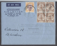 MALAYSIA. 1957 (23 April). Perak. Parit Buntar - Norway, Blindern. Fkd Air Letter 4c Rate Incl 4 Block Of Four Proper Te - Malesia (1964-...)