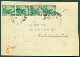 MALAYSIA. 1918 (21 Oct). Kuala Lumpur - Sing. Env Fkd 1c X4 Horiz Dark Green. Fine. - Malaysia (1964-...)