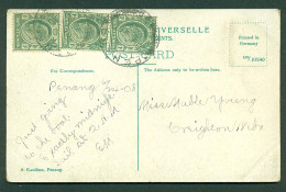 MALAYSIA. 1908 (24 June). Penang - USA / Nebraska. Fkd Card 3c Rate. - Malaysia (1964-...)