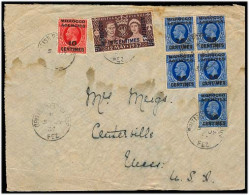 MARRUECOS - British. 1937 (5 July). Fez - USA. Multifkd Env. Incl Block Of 4 X7 Stamps. Via Gibraltar Reverse Slogan Can - Marruecos (1956-...)