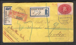 MEXICO. 1889. La Piedad /Michoacan/ UK.Registared Env.frkd  20c.red Numeral,tied Cds+3 Regtrs Labels+ 2 Wax Dep.P.O. Sea - Mexico